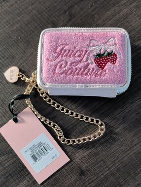 Juicy Couture Pink Terry Strawberry Zip Card Wallet with Gold Chain and Charm